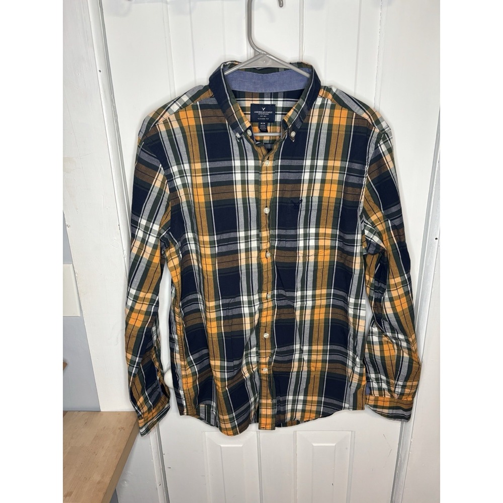 American Eagle Outfitters Men's Classic Fit Medium Long Sleeve Plaid Shirt Navy